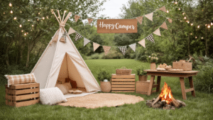Boy Baby Shower Ideas That Won't Wear You Out "Rustic 'Happy Camper' themed backyard baby shower setup with a decorated canvas teepee, wooden crates, string lights, faux campfire and a s'mores station, in a soft khaki, cream, and burnt-orange color palette with greenery accents in an overcast garden setting."