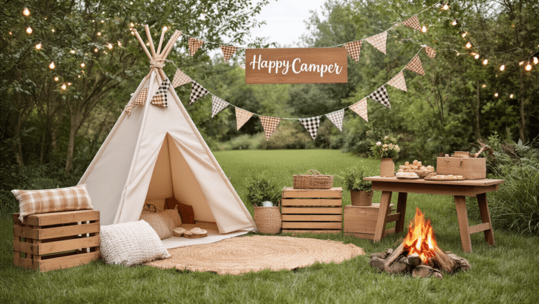 Boy Baby Shower Ideas That Won't Wear You Out "Rustic 'Happy Camper' themed backyard baby shower setup with a decorated canvas teepee, wooden crates, string lights, faux campfire and a s'mores station, in a soft khaki, cream, and burnt-orange color palette with greenery accents in an overcast garden setting."
