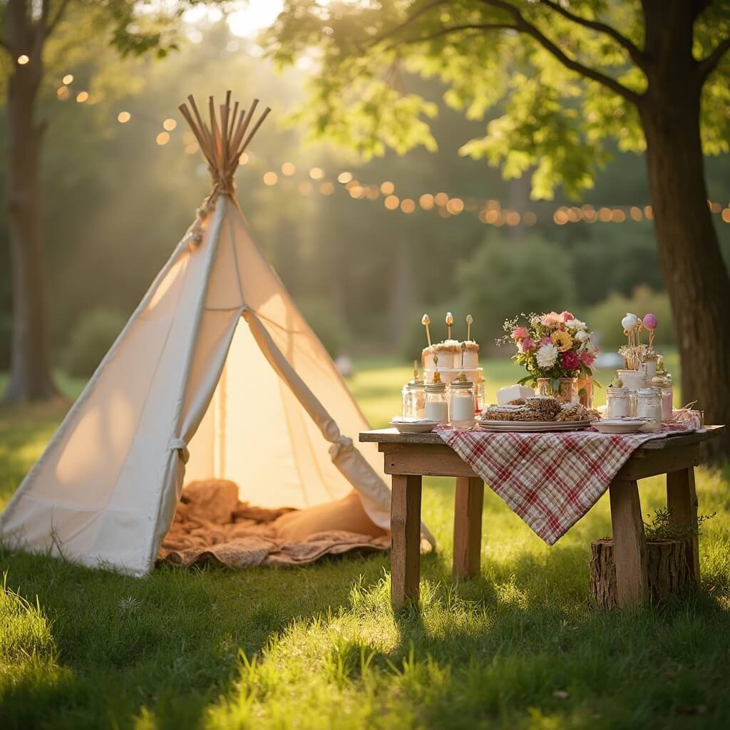 Boy Baby Shower Ideas That Won't Wear You Out Cozy summer baby shower set in a backyard with a 'Happy Camper' theme, featuring a canvas teepee, rustic table with s'mores ingredients and wildflower centrepieces, under soft morning sunlight.