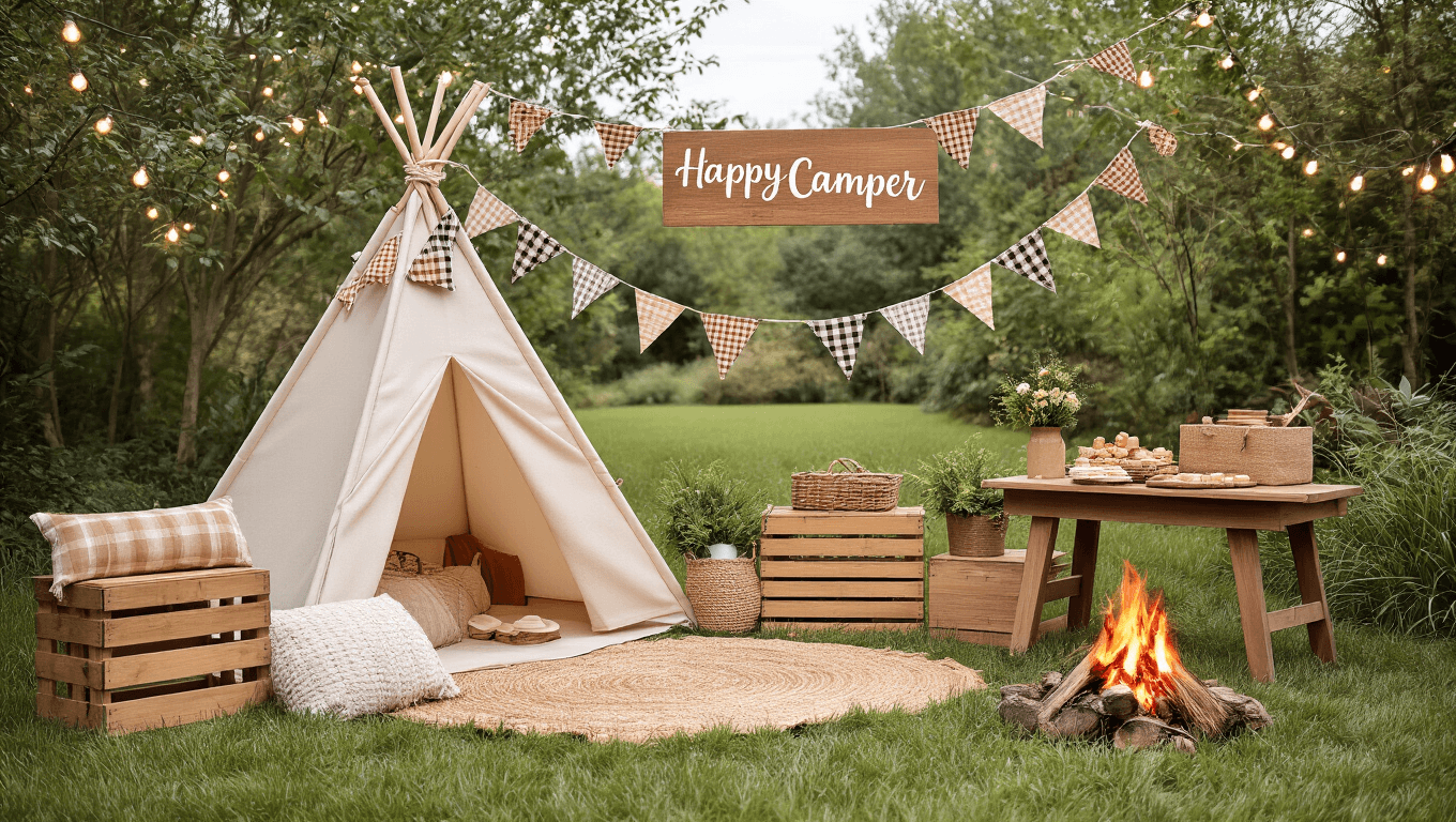 "Rustic 'Happy Camper' themed backyard baby shower setup with a decorated canvas teepee, wooden crates, string lights, faux campfire and a s'mores station, in a soft khaki, cream, and burnt-orange color palette with greenery accents in an overcast garden setting."