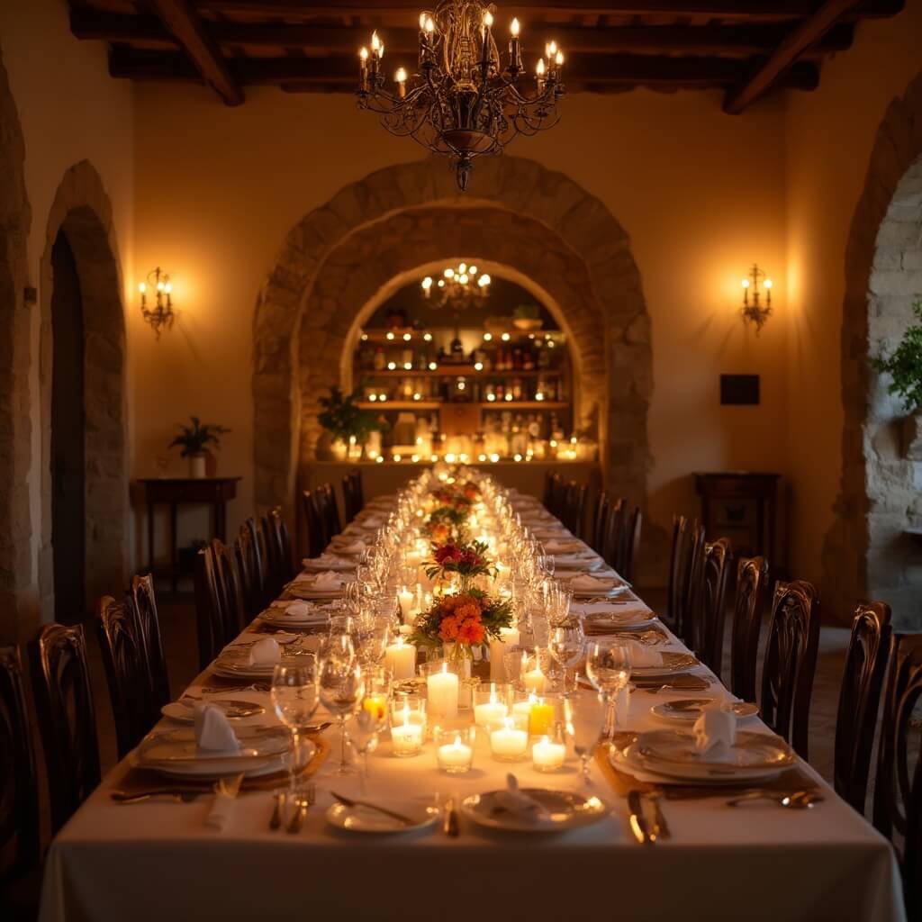 Planning a Small Wedding Without It Feeling Like a Compromise An elegant, candlelit dinner setup inside a boutique heritage villa, featuring a long table set for 25 guests with fine china and place cards, a curated three-cocktail bar station, and warm amber lighting from wrought-iron chandeliers and candles, framed by stone archways and exposed wooden beams.