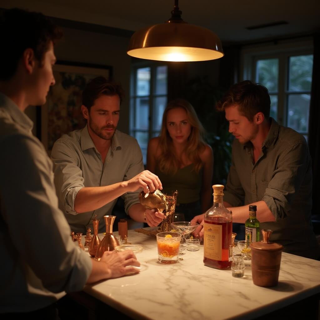Birthday Party Ideas for Adults That Don't Feel Like a Kid's Party in a Bigger Room Host demonstrating cocktail-making in a cluttered marble kitchen island under soft pendant light, with curious guests watching.