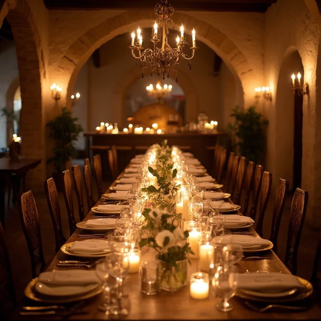 Planning a Small Wedding Without It Feeling Like a Compromise Candlelit dinner setting in heritage villa with china, hand-lettered place cards, and cocktail bar, under warm amber lighting in a room with stone archways and wooden beams, shot from the head of the table for 25 guests.