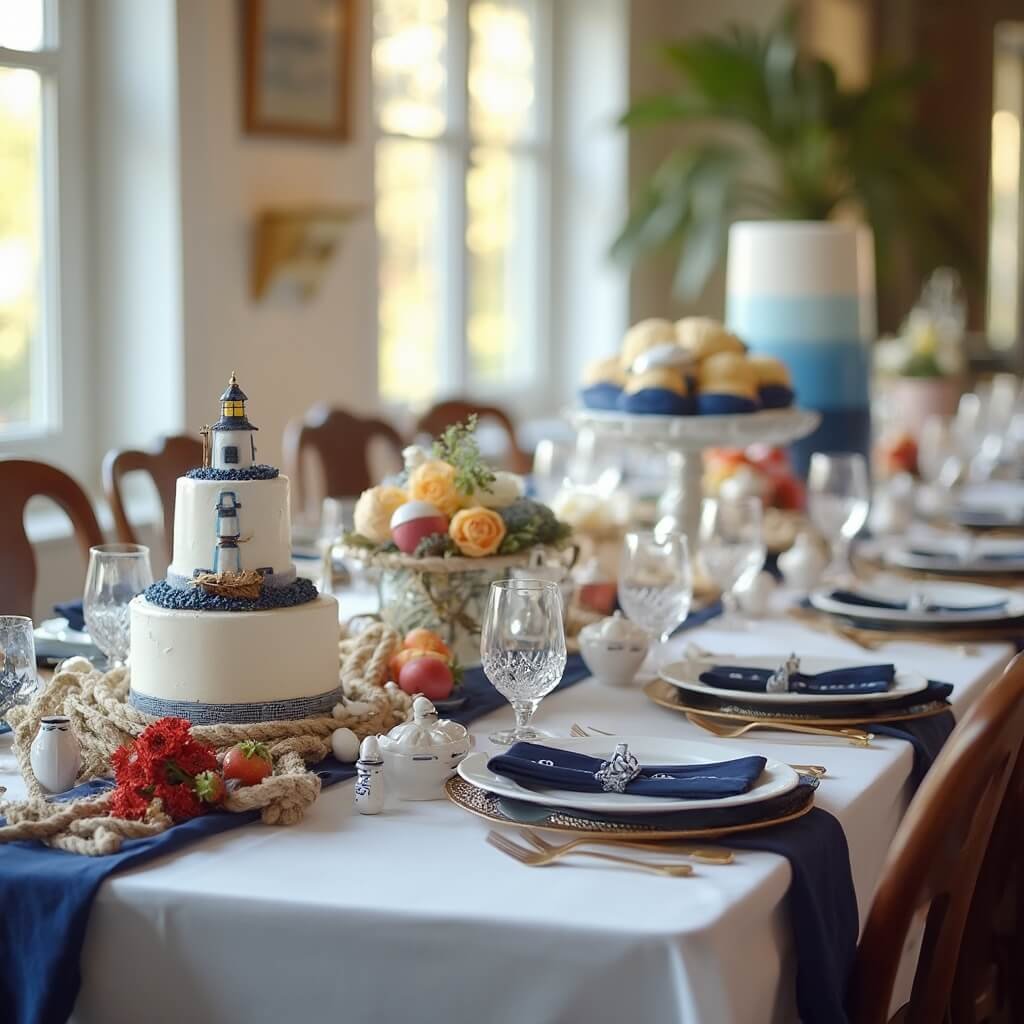Boy Baby Shower Ideas That Won't Wear You Out Nautical-themed baby shower tablescape featuring navy and white linens, sailboat centrepieces, anchor-shaped cookies, a lighthouse cake, and a blue ombré dessert display in soft afternoon light.