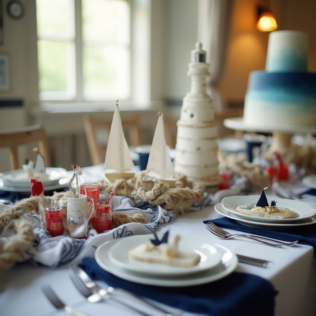 Boy Baby Shower Ideas That Won't Wear You Out Nautical-themed baby shower table with sailboat centrepieces, anchor-shaped cookies, lighthouse cake, and blue ombré dessert display, bathed in warm afternoon light.