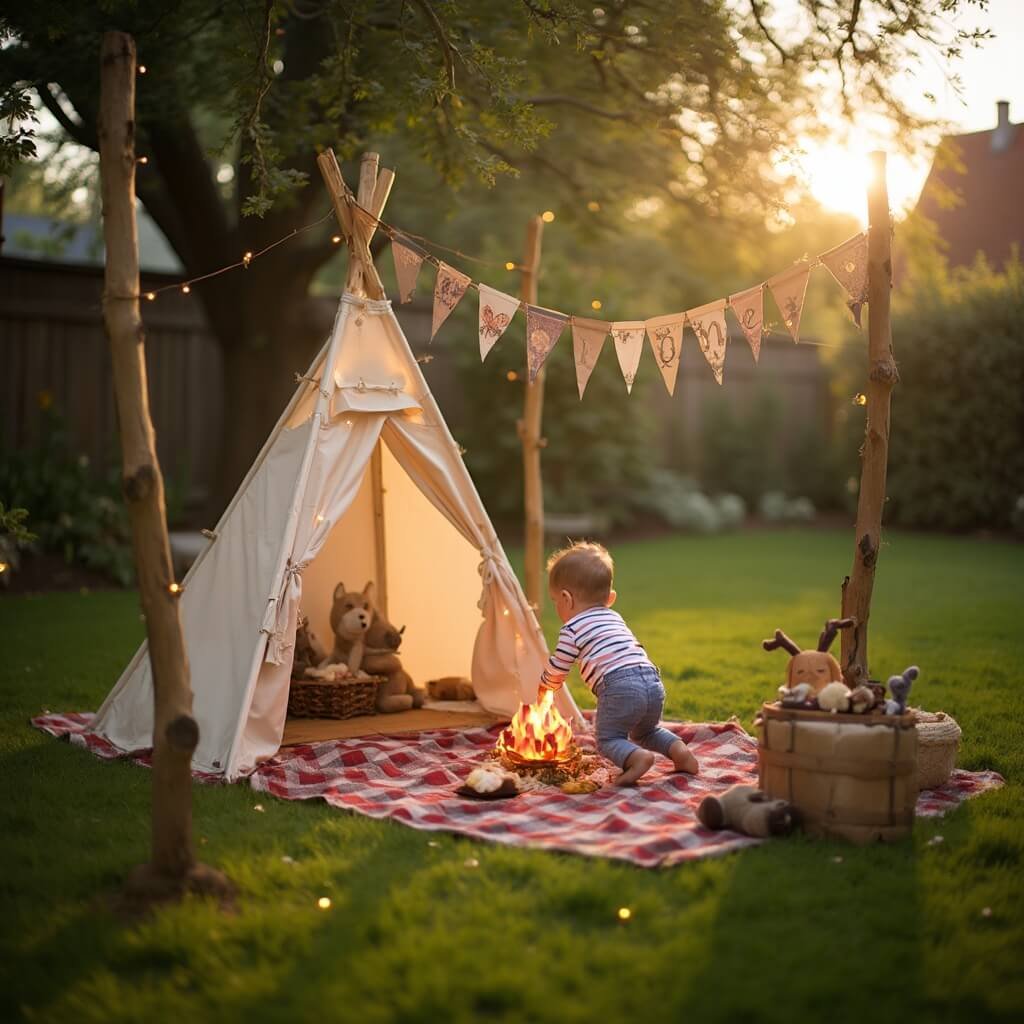 1st Birthday Party Ideas: Themes, Decor, and What Actually Matters One Happy Camper styled first birthday celebration in a cozy backyard with a toddler crawling toward a small teepee tent lit with fairy lights, paper-made faux campfire, plush woodland toys on a plaid picnic blanket, and a 'ONE' pennant bunting foreground, under the soft afternoon light.