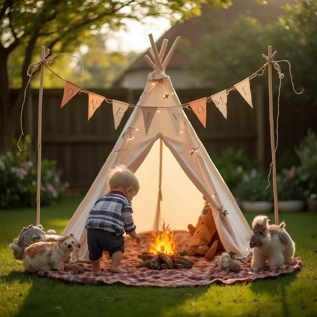 1st Birthday Party Ideas: Themes, Decor, and What Actually Matters First birthday celebration in backyard with 'One Happy Camper' theme featuring a toddler crawling towards a canvas teepee tent with fairy lights, a paper faux campfire, and plush woodland animal toys on a plaid picnic blanket, with 'ONE' pennant bunting in the foreground and golden afternoon light filtering through the trees.