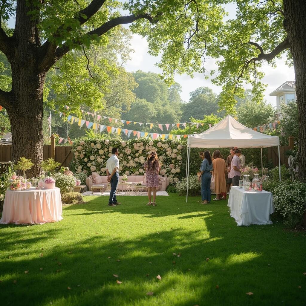 Girl Baby Shower Ideas: Themes, Decor and Food That Actually Work Outdoor garden baby shower featuring a flower wall, pastel bunting, a tent with a table of treats, and a craft station in a backyard, with guests mingling in dappled morning light.