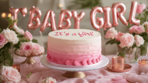 Girl Baby Shower Ideas: Themes, Decor and Food That Actually Work "Elegant pink ombré baby shower cake with 'it's a girl' piped icing, displayed on a dessert table with blush pink linens, surrounded by 'baby girl' foil balloons, soft pink floral arrangements, and rose gold cake stands under warm natural lighting."
