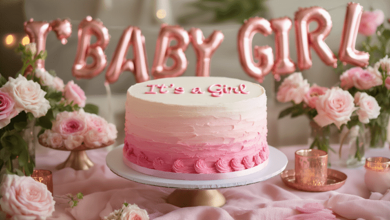 Girl Baby Shower Ideas: Themes, Decor and Food That Actually Work "Elegant pink ombré baby shower cake with 'it's a girl' piped icing, displayed on a dessert table with blush pink linens, surrounded by 'baby girl' foil balloons, soft pink floral arrangements, and rose gold cake stands under warm natural lighting."
