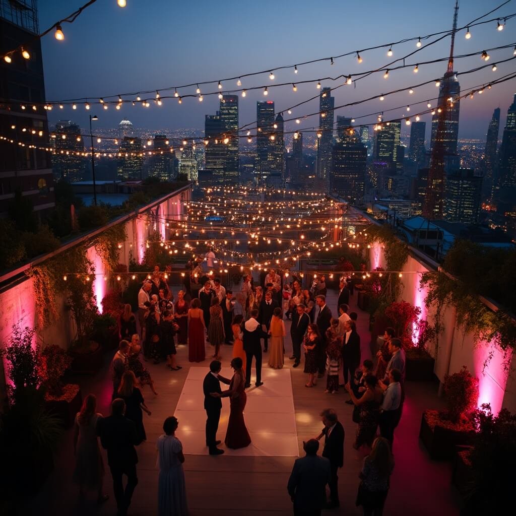 Unique Wedding Ideas That Actually Feel Like You (Not Just Pinterest) Urban rooftop wedding reception at twilight with string lights, dancing guests in silhouette, neon uplighting on concrete walls and greenery, against a city skyline backdrop.