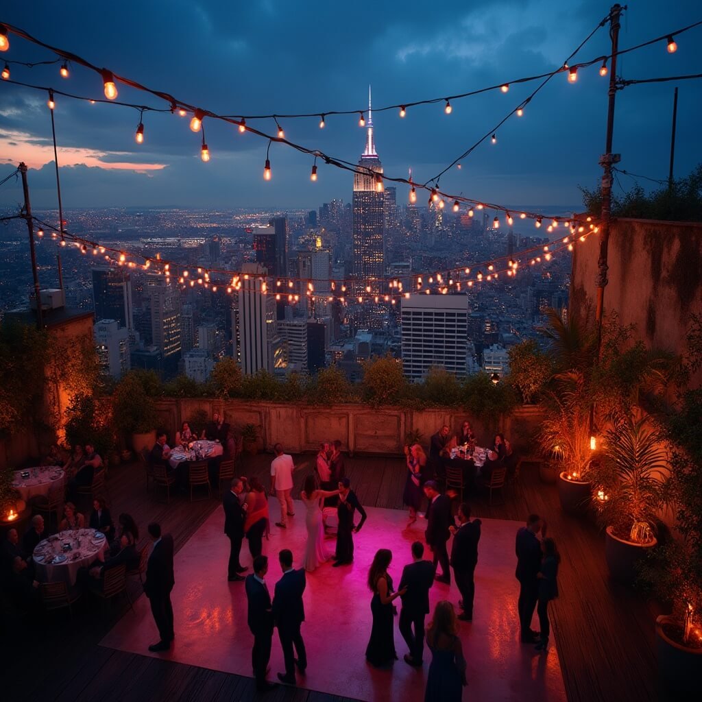 Unique Wedding Ideas That Actually Feel Like You (Not Just Pinterest) Urban rooftop wedding reception at twilight with guests dancing below string lights against a city skyline backdrop, and neon uplighting on concrete walls and potted plants