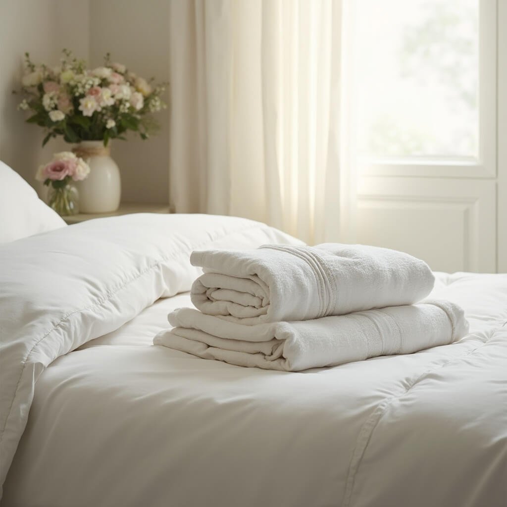 Comprehensive Wedding Gift Ideas (And What Actually Gets Used) Serene bedroom with morning light through sheer curtains, neatly made bed with white cotton sheets and plush duvet, folded towels and fresh flowers on nightstand
