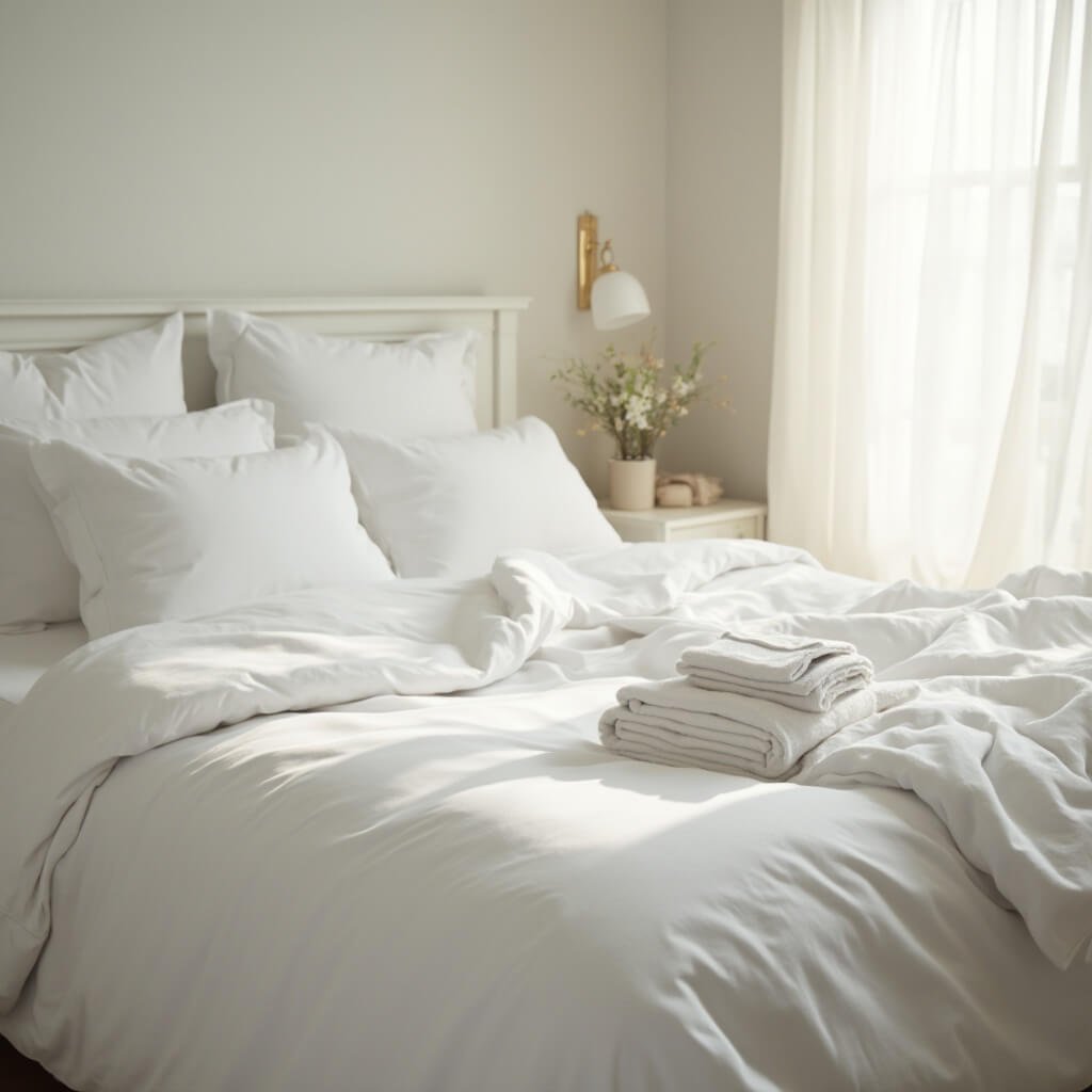 Comprehensive Wedding Gift Ideas (And What Actually Gets Used) Soft morning light filtering through sheer curtains onto a serene bedroom scene with a neatly made bed spread with crisp white sheets and plush duvet, folded matching towels stacked at the foot of the bed and fresh flowers in a small vase on the nightstand