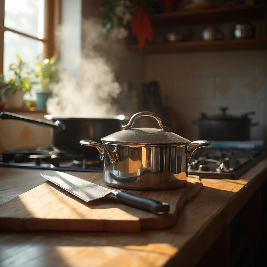 Comprehensive Wedding Gift Ideas (And What Actually Gets Used) Cluttered kitchen counter bathed in warm evening light with a new, unboxed stainless steel cookware set, a chef's knife on a wooden board, and steam rising from a Dutch oven on the stove, shot at a low angle with natural window light creating long shadows