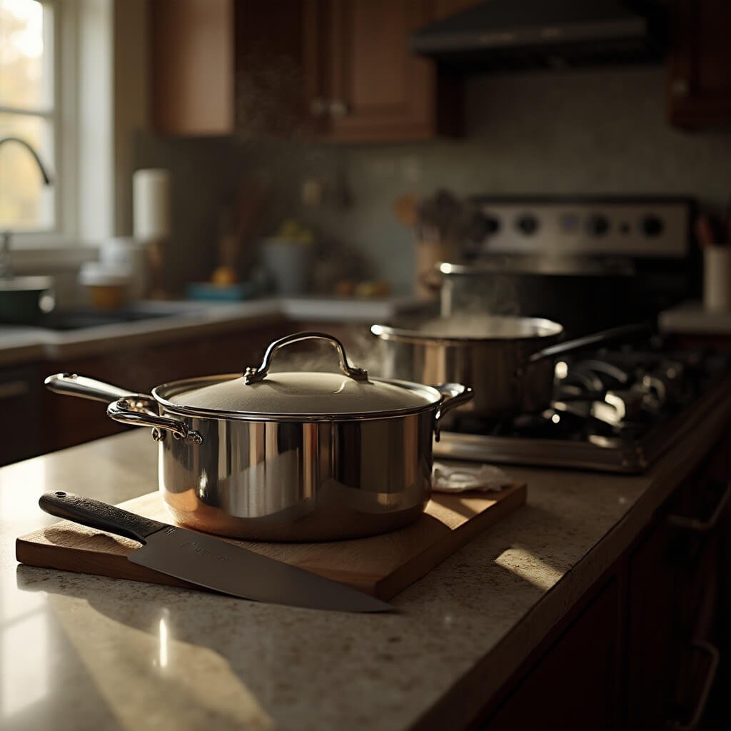 Comprehensive Wedding Gift Ideas (And What Actually Gets Used) Cluttered kitchen counter with unboxed All-Clad style stainless steel cookware and chef's knife on wooden board, Dutch oven steaming on stove in background, shot in warm evening light from window