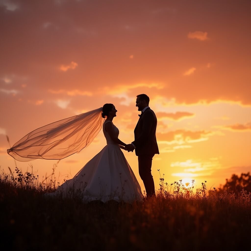 Wedding Photo Ideas That Actually Work (Not Just Pinterest Bait) Silhouetted couple in wedding attire laughing on a grassy hill at sunset, their outlines illuminated by golden backlighting against a deep orange and pink sky, bride's veil lifted by the wind in a wide-angle composition with vast sky overhead.