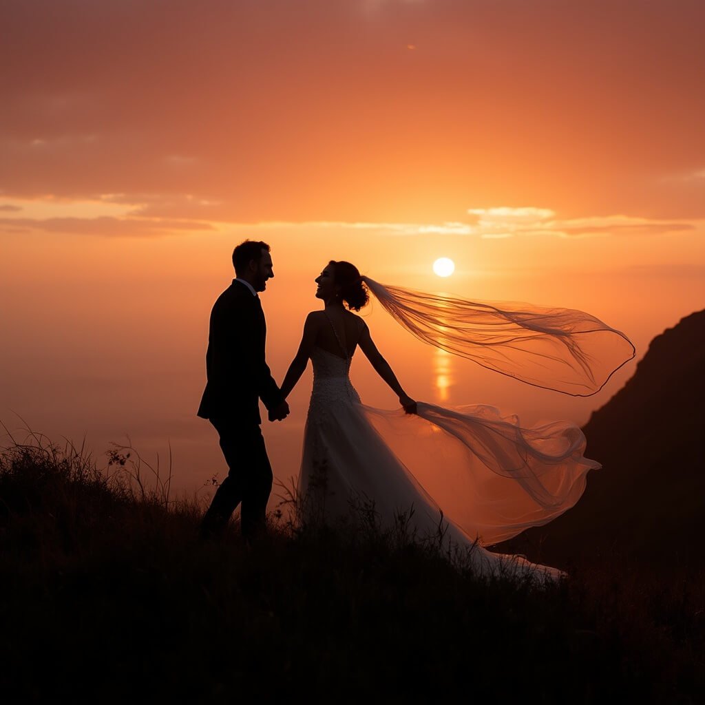 Wedding Photo Ideas That Actually Work (Not Just Pinterest Bait) Silhouetted newlywed couple laughing on a grassy hillside at sunset, bride's veil lifted by wind against a deep orange and pink sky, wide-angle view with generous empty sky space above, their outlines rim-lit by golden backlighting