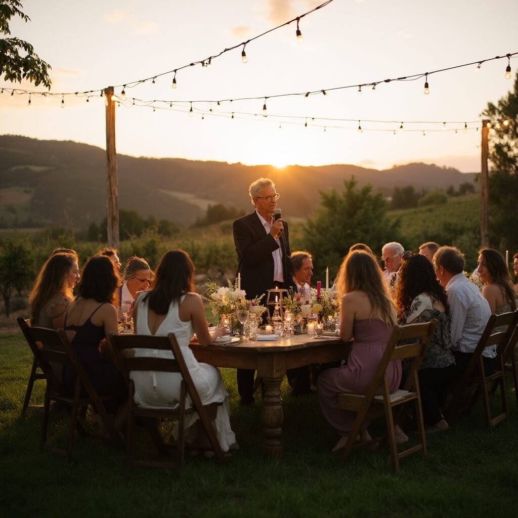 Planning a Small Wedding Without It Feeling Like a Compromise Golden-hour candid shot of a rustic vineyard micro wedding; 28 barefoot guests on a grassy lawn, father of the groom giving a speech, all under glowing string lights, seating on mismatched chairs at farmhouse tables adorned with candles and wildflowers, framed wide to also capture the vineyard hills backdrop.