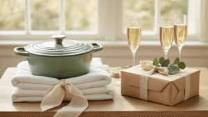Comprehensive Wedding Gift Ideas (And What Actually Gets Used) "Overhead view of beautifully styled wedding gift table featuring a sage green Dutch oven, a stack of white bedding with linen ribbon, champagne flutes, and a kraft paper wrapped gift box with a eucalyptus sprig."