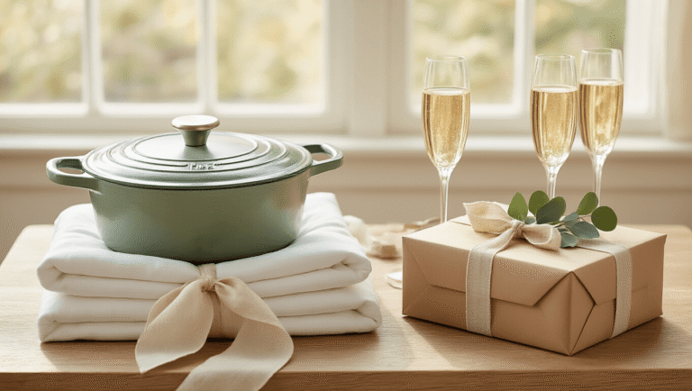 Comprehensive Wedding Gift Ideas (And What Actually Gets Used) "Overhead view of beautifully styled wedding gift table featuring a sage green Dutch oven, a stack of white bedding with linen ribbon, champagne flutes, and a kraft paper wrapped gift box with a eucalyptus sprig."