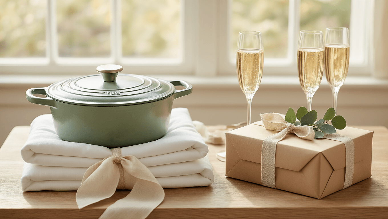 "Overhead view of beautifully styled wedding gift table featuring a sage green Dutch oven, a stack of white bedding with linen ribbon, champagne flutes, and a kraft paper wrapped gift box with a eucalyptus sprig."
