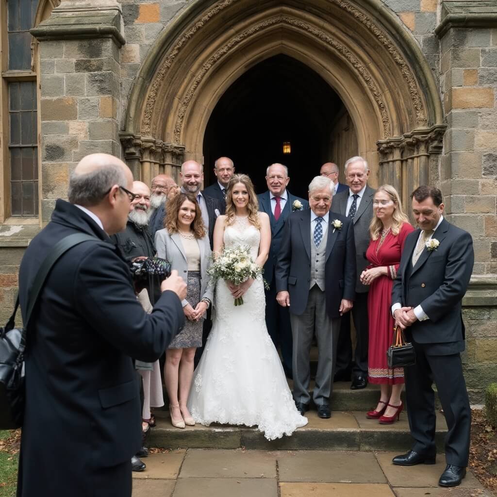 Wedding Photo Ideas That Actually Work (Not Just Pinterest Bait) A wedding photographer organizing a family of twelve for a group portrait on stone steps of a Gothic church, under an overcast midday light in late autumn, with some family members smiling and an elderly man being beckoned by a phone-checking bridesmaid.
