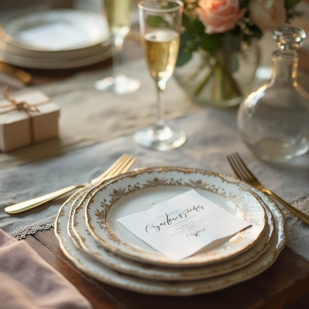Comprehensive Wedding Gift Ideas (And What Actually Gets Used) Elegant wedding registry table setting with bone china plates, crystal champagne flutes, glass decanter in golden light, handwritten card, small gift box, and pastel linens on rustic farmhouse table
