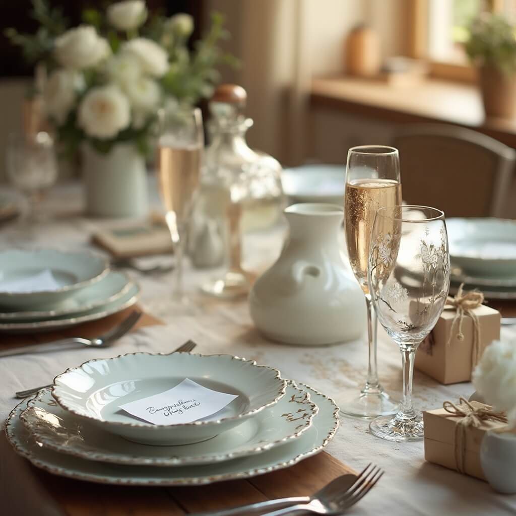 Comprehensive Wedding Gift Ideas (And What Actually Gets Used) Elegant wedding registry table setting in rustic farmhouse with bone china plates, crystal champagne flutes, glass decanter, handwritten congratulations card, small wrapped gift box, and muted pastel linens