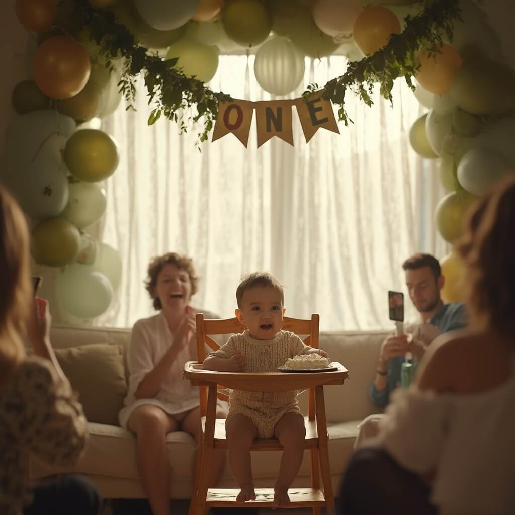 1st Birthday Party Ideas: Themes, Decor, and What Actually Matters One-year-old laughing at Wild One first birthday party in softly lit living room, with jungle-animal banner, green and gold balloon garland, and adults taking photos in background.