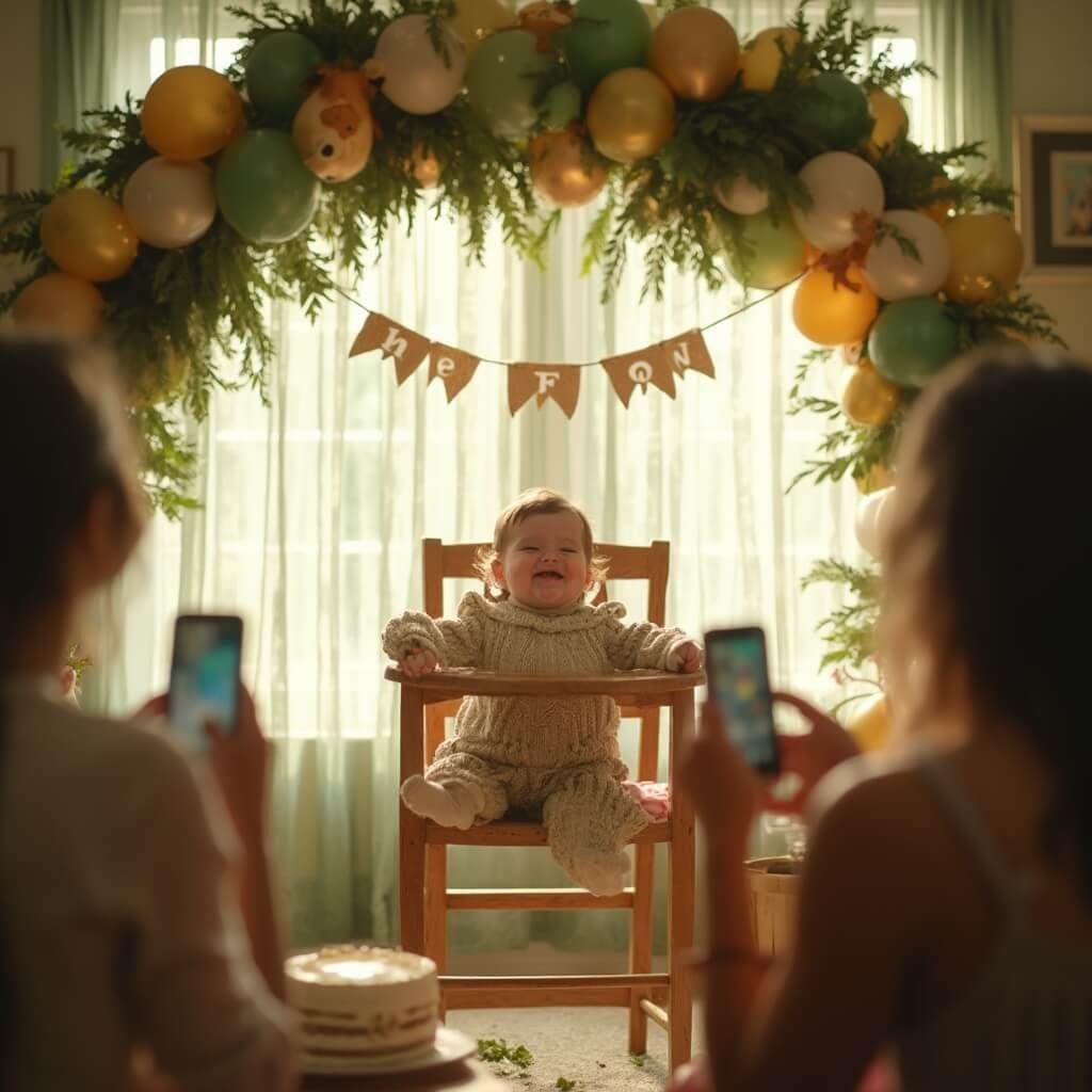 1st Birthday Party Ideas: Themes, Decor, and What Actually Matters One-year-old in knitted romper smearing cake on himself in a Wild One themed first birthday party, with lush green and gold balloon arch, wooden highchair decorated with jungle animal banner, and soft golden-hour sunlight streaming in, with adults in the background taking pictures.