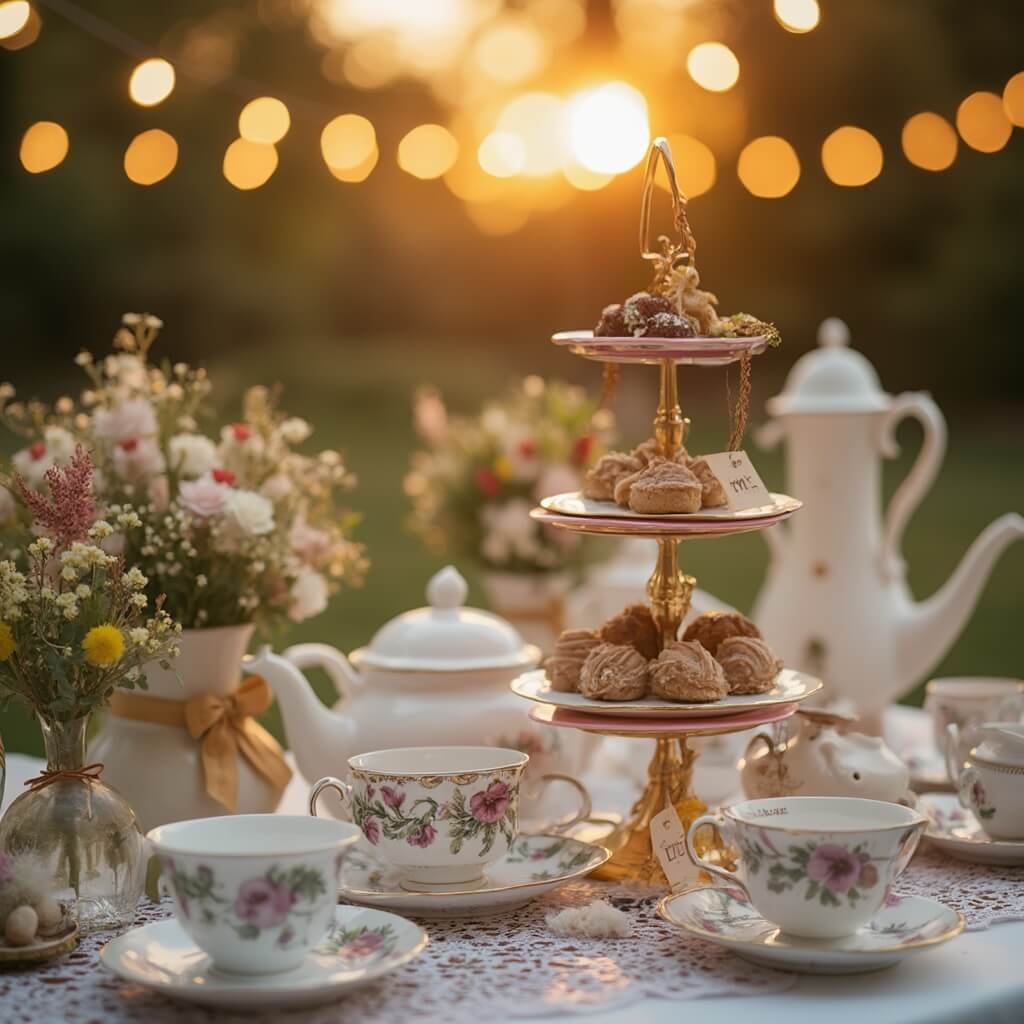 Girl Baby Shower Ideas: Themes, Decor and Food That Actually Work Alice in Wonderland themed outdoor tea party at sunset with vintage teacups, 'eat me' tags, teapots, and wildflower centerpieces on a lace tablecloth under string lights.
