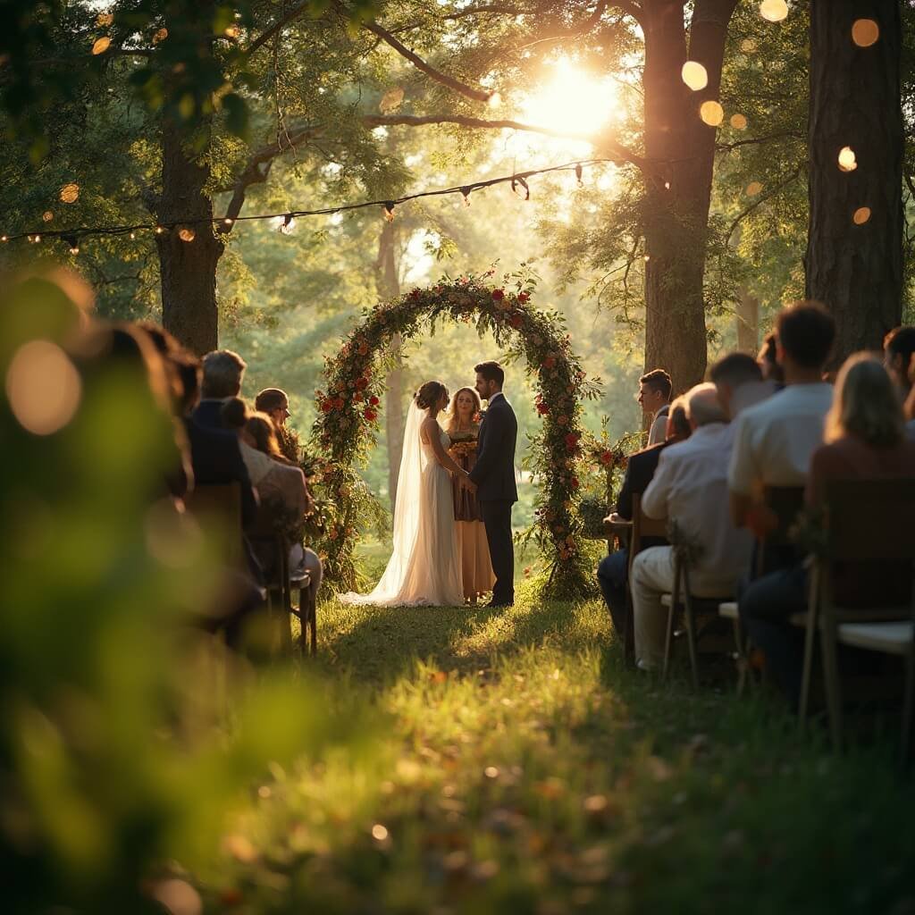 Unique Wedding Ideas That Actually Feel Like You (Not Just Pinterest) Couple exchanging vows at an outdoor woodland wedding ceremony with guests seated on wooden benches under a canopy of trees with fairy lights, dappled sunlight filtering through leaves onto a rustic floral archway, framed by blurred greenery in a wide-angle shot at golden hour.