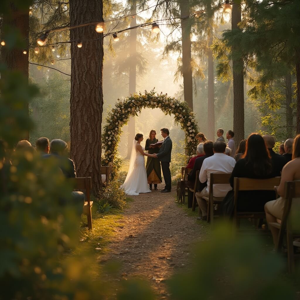 Unique Wedding Ideas That Actually Feel Like You (Not Just Pinterest) Couple exchanging vows at an outdoor woodland wedding ceremony during golden hour, surrounded by guests seated on mismatched wooden benches beneath fairy-light adorned trees, with sunbeams filtering through leaves onto a rustic floral archway, framed by blurred greenery in the foreground.