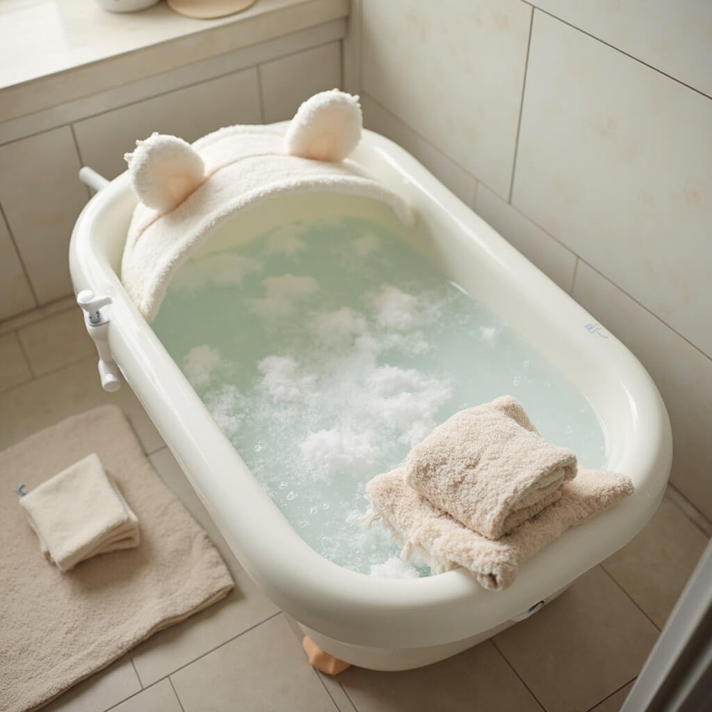 Baby Shower Gift Ideas That Actually Get Used Elevated view of a cozy bathroom with a portable baby tub featuring a built-in thermometer on a bathmat, a cute animal-eared hooded towel draped over the edge, and a stack of neutral washcloths nearby under soft lighting