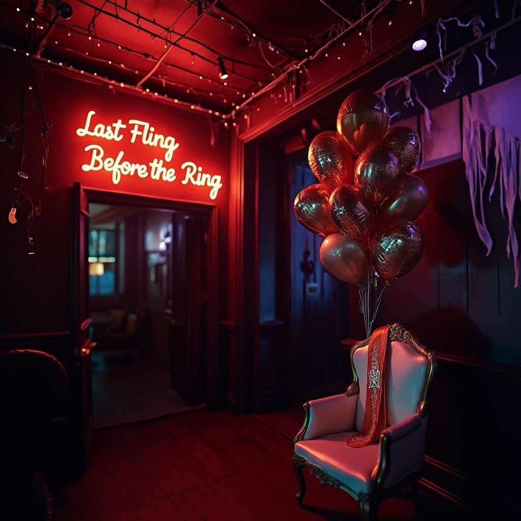 Bachelorette Party Decorations That Actually Work (Without Costing a Fortune or a Weekend) Bachelorette party venue lit by string lights and a neon 'Last Fling Before The Ring' banner, with jewel-toned streamers, balloons tied to the bride's chair, emphasized by dramatic side lighting.