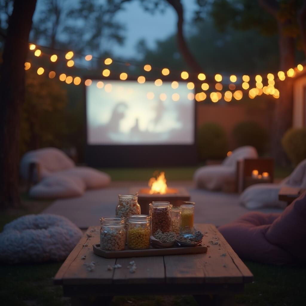 Teen Birthday Party Ideas That Won't Make You Want to Lie Down in a Dark Room Cozy backyard movie setup with glowing projector screen, strung fairy lights, bean bags and blankets in pastel tones, and popcorn bar with assorted toppings in focus, soft bokeh lighting effect.