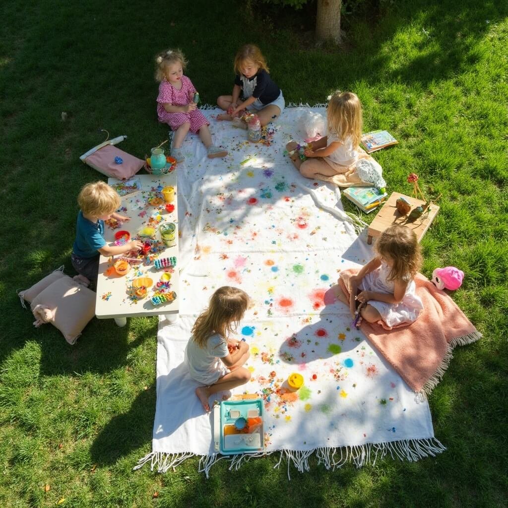 Kids Birthday Party Ideas That Won't Take Over Your Entire Weekend Overhead view of a well-organized children's party in a backyard featuring distinct activity areas including a paint station with a splattered sheet, a bubble station with a bucket and wands, and a reading corner with a blanket and books, in bright, dappled daylight.