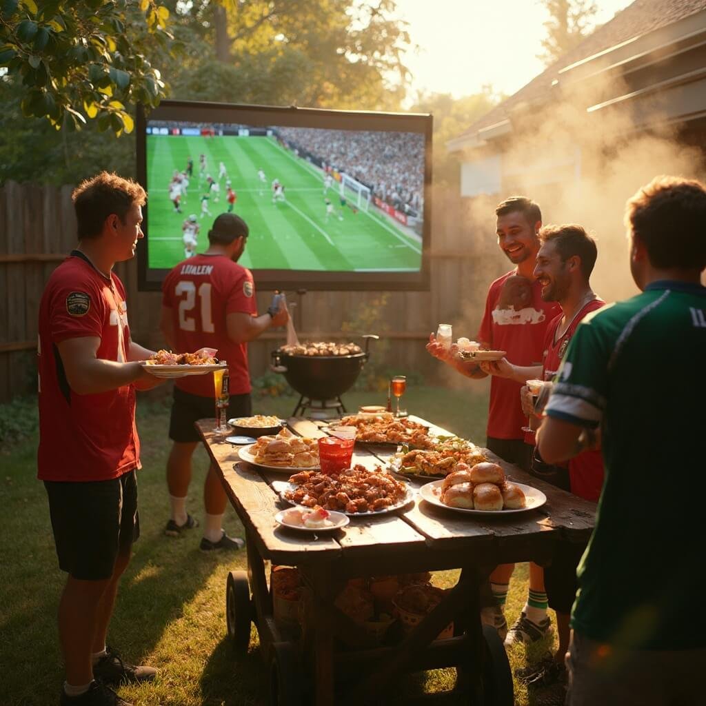 Comprehensive 50th Birthday Party Ideas for Men (That Aren't Naff) Men in jerseys laughing near a smoking grill at a sports-themed birthday party in golden-hour sunlight, with a bar cart decorated in team colors, football match on a large outdoor screen, and a wooden table laden with wings and sliders.