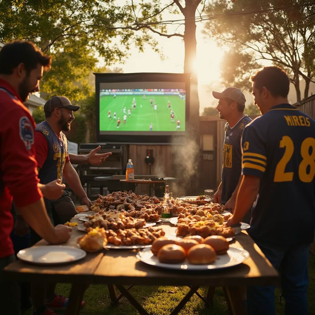 Comprehensive 50th Birthday Party Ideas for Men (That Aren't Naff) Backyard sports-themed birthday party in golden-hour sunlight with a team-color decorated bar cart, large outdoor screen playing a football match, food platters on a rustic table, and men in jerseys laughing by a smoky grill, captured from a low angle.