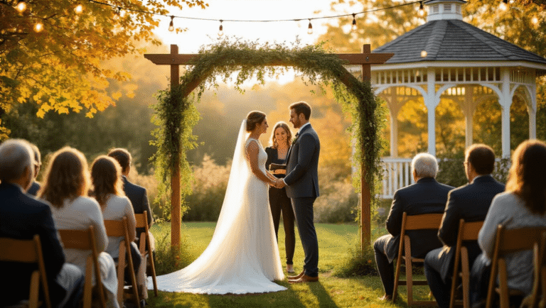 Small Intimate Wedding Ideas That Actually Feel Special, Not Scaled-Down "Intimate backyard wedding ceremony with 30 guests seated on mismatched wooden chairs under string lights, a couple exchanging vows at a simple wooden arch adorned with greenery and wildflowers, and a gazebo with prosecco glasses sparkling in the post-rain glow, all bathed in a warm golden-hour light, shot in a cozy garden ambiance with warm autumn colors, using a candid romantic photography style with a shallow depth of field."