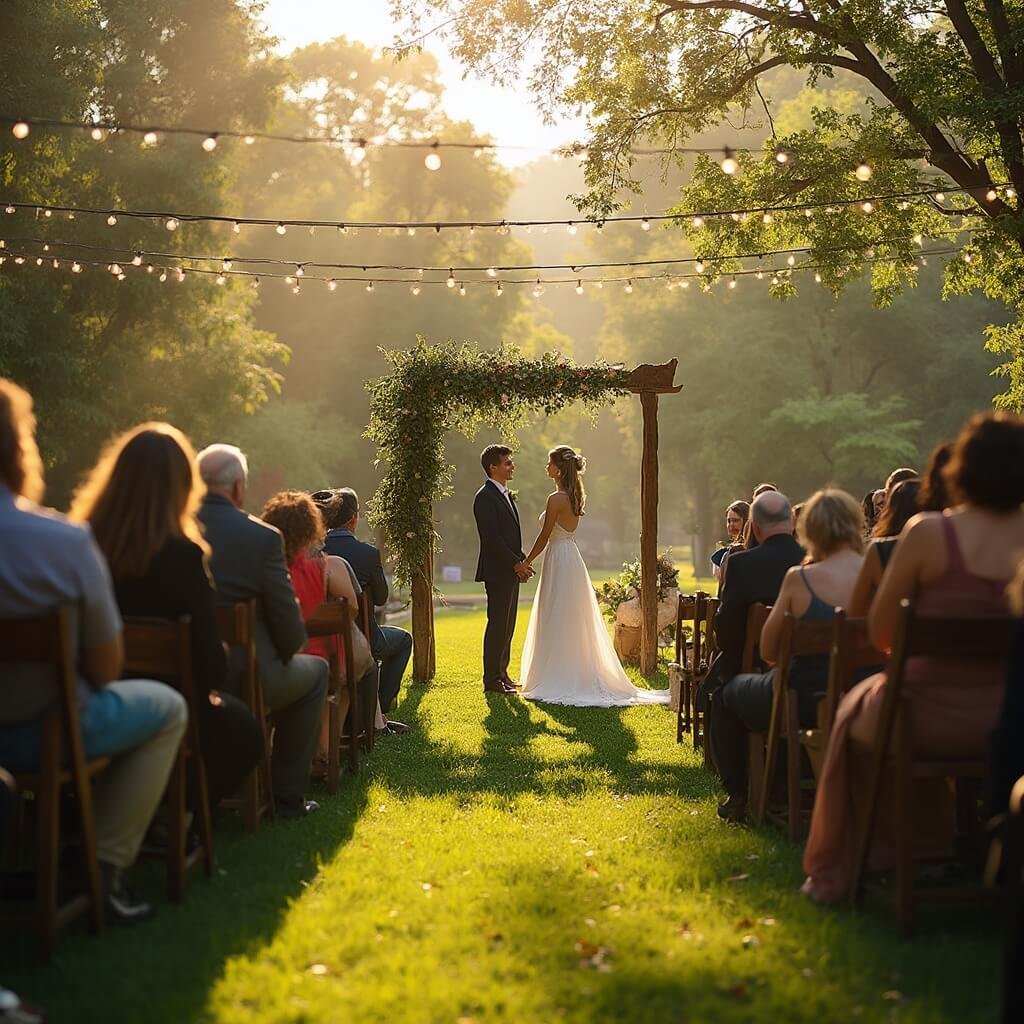 Cheap Wedding Ideas That Don't Look Cheap Couple standing under a wooden arch adorned with wildflowers at a sunlit backyard wedding, guests seated on mismatched chairs on the grass, warm light filtering through trees, and string lights waiting for dusk.