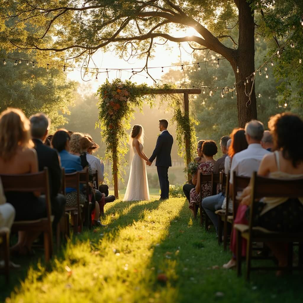 Cheap Wedding Ideas That Don't Look Cheap Couple holding hands at a backyard wedding ceremony under a rustic arch adorned with wildflowers, guests seated on mismatched chairs on a grassy lawn, golden-hour light pouring through nearby trees, and string lights visible overhead.