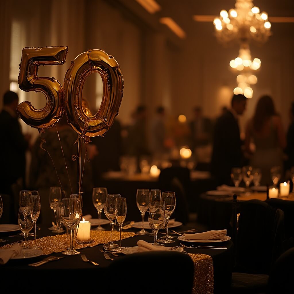 Comprehensive 50th Birthday Party Ideas for Men (That Aren't Naff) Gold '50' balloon centerpiece in a dimly lit banquet hall with black and gold decor for a 50th birthday celebration, guests in cocktail attire in the background.