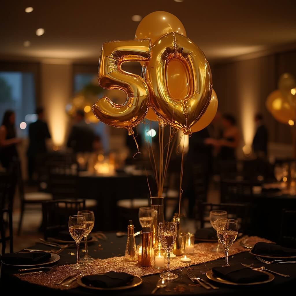 Comprehensive 50th Birthday Party Ideas for Men (That Aren't Naff) 50th birthday celebration in a dimly lit banquet hall with black and gold decor, gold balloons spelling '50', and guests in cocktail attire
