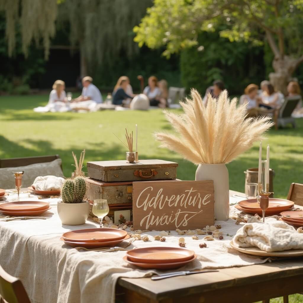 Gender Neutral Baby Shower Ideas That Don't Feel Like an Afterthought Outdoor garden party baby shower scene with boho picnic table, terracotta plates, cream linen, pampas grass in vases, blankets and cushions on the lawn, sunlight casting shadows through trees, rustic 'Adventure Awaits' sign, vintage suitcases, and potted cacti.
