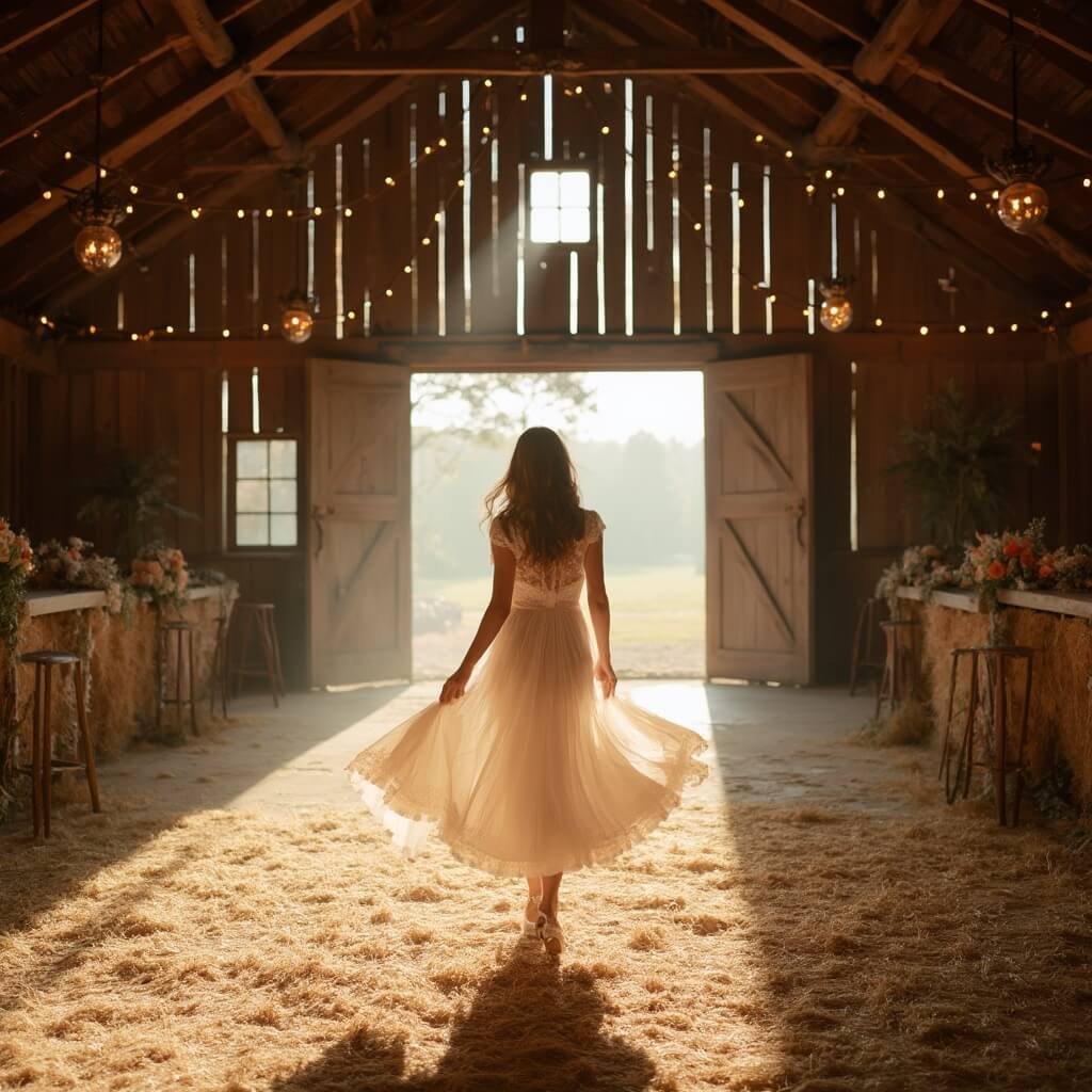 Comprehensive Wedding Dress Ideas: Silhouettes, Fabrics, and How to Actually Choose Bride twirling in boho-style dress in rustic wooden barn decorated with string lights and dried flowers, evening light streaming in through open doors