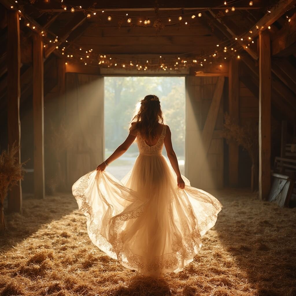 Comprehensive Wedding Dress Ideas: Silhouettes, Fabrics, and How to Actually Choose Bride twirling in a boho-style dress inside a rustic barn decorated with string lights and dried flowers, with evening light streaming through open doors