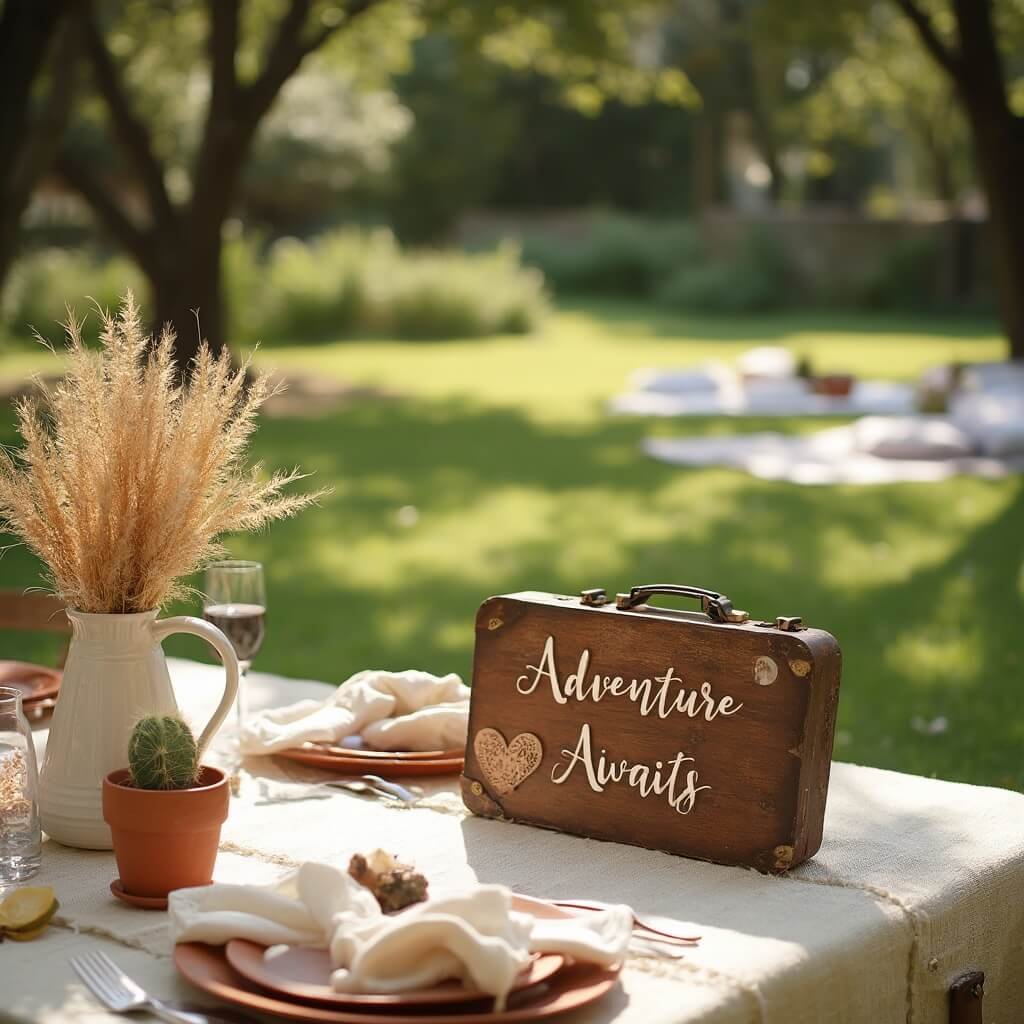Gender Neutral Baby Shower Ideas That Don't Feel Like an Afterthought Relaxed garden party baby shower with a low boho picnic table, terracotta plates, cream linen runners, and pampas grass vases, blankets and cushions on the lawn, rustic 'Adventure Awaits' sign, vintage suitcases, and potted cacti in the sunlight.