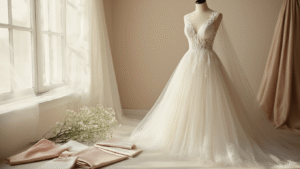Comprehensive Wedding Dress Ideas: Silhouettes, Fabrics, and How to Actually Choose "Elegant A-line wedding gown with lace bodice and tulle skirt displayed on a dress form, surrounded by satin, mikado, and organza fabric swatches in a bridal boutique, with a delicate veil and single stem of white florals in a warm, romantic atmosphere, shot in soft focus for an editorial bridal magazine."
